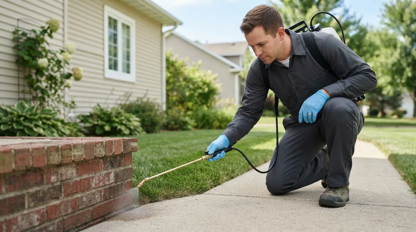 Pest control technician treating a home near Junction City, AR