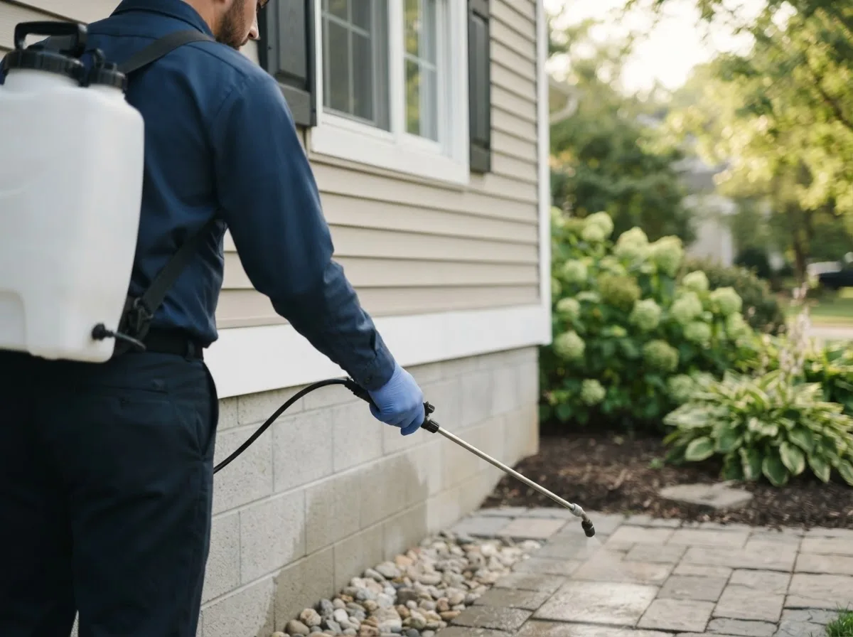 Pest control technician inspecting a home in Junction City, AR